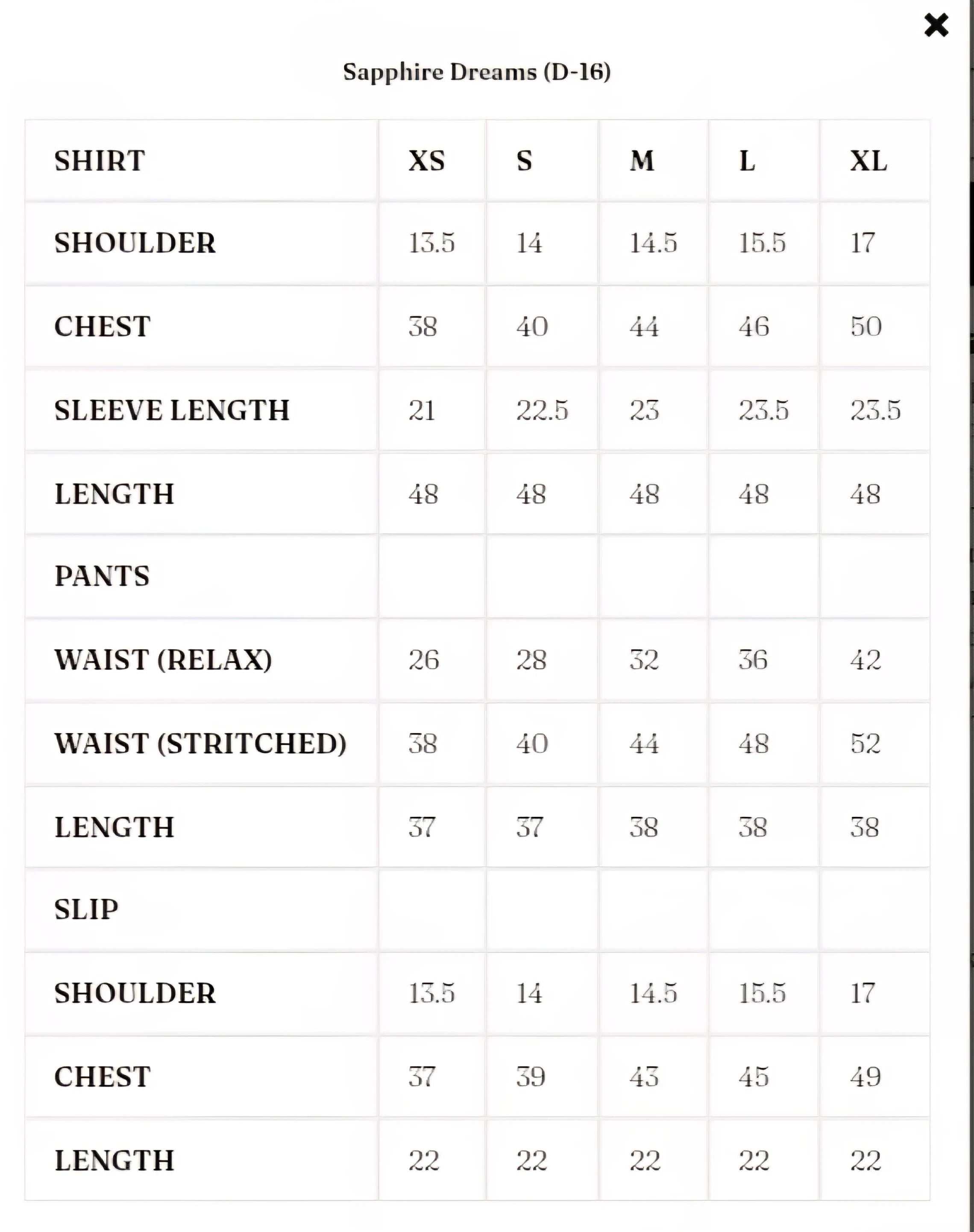 Size Chart for Solenne '25 - Sapphire Dreams (D-16)