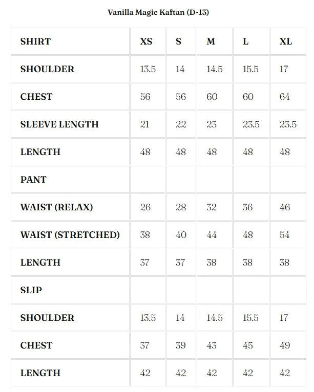 Size Chart for Nurae '26 - Vanilla Magic Kaftan (D-13)