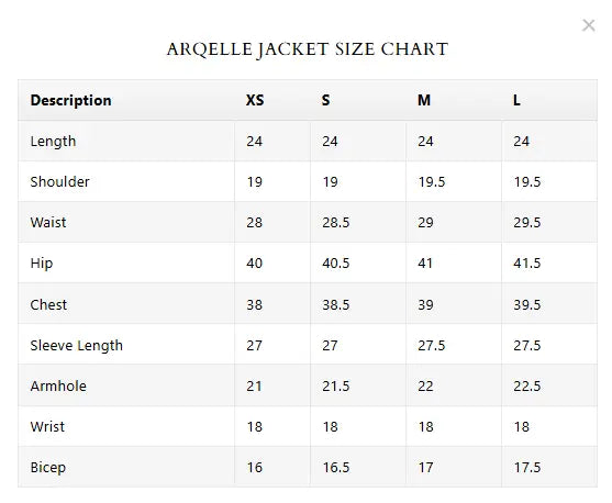 Size Chart for Spring Summer '26 - Arqelle
