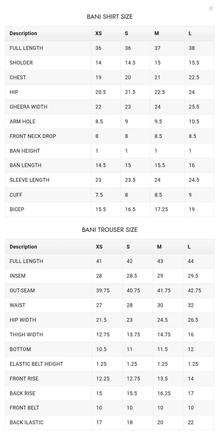 Size Chart for Among The Tree Aw '25 - Bani