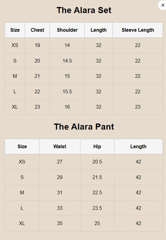 Size Chart for Fall Luxe '25 - The Alara Set