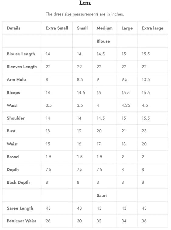 Size Chart for Reina '25 - Lena