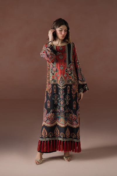 Luxe Edit '25 - Modern Mughal Long Black and Rust Tassel Kaftan Set (D-02)