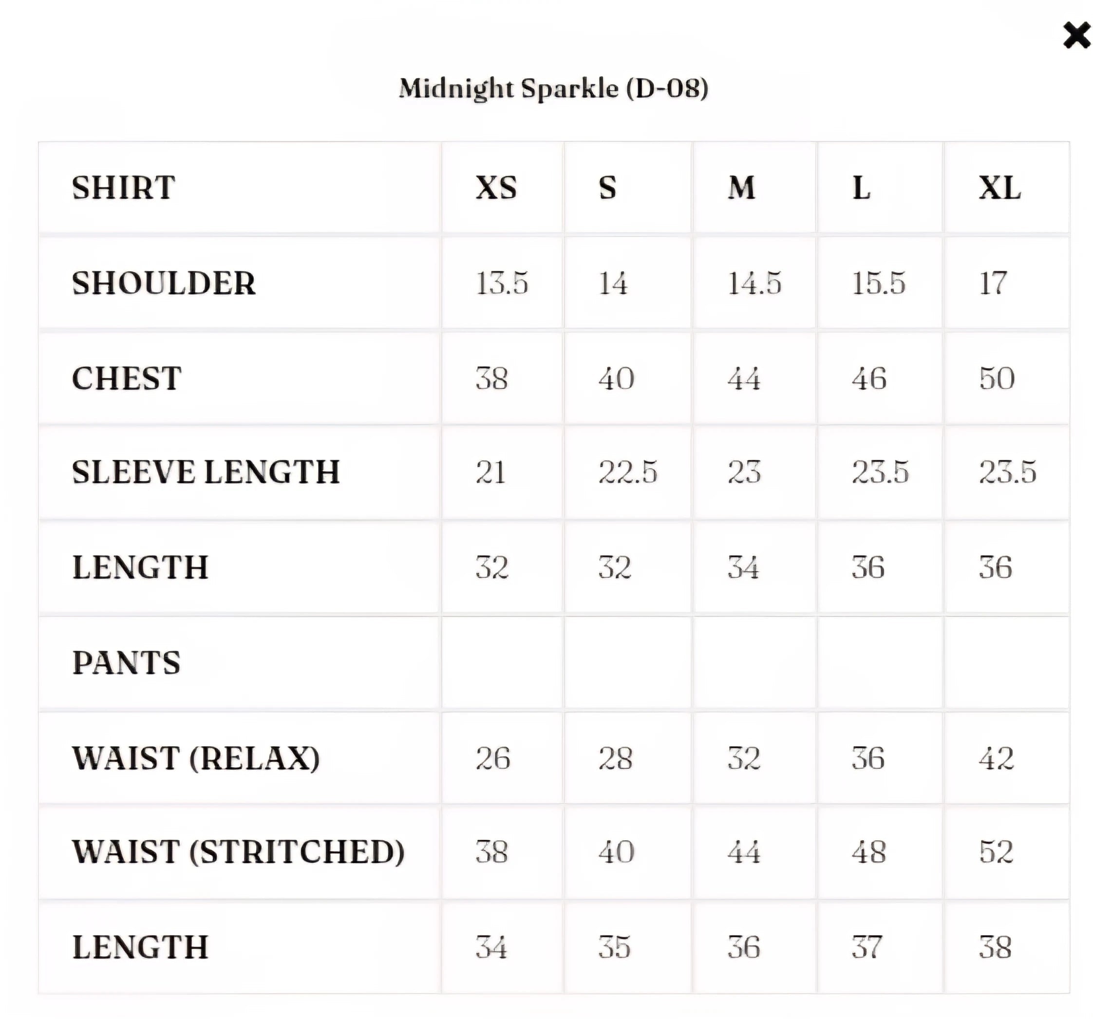 Size Chart for Solenne '25 - Midnight Sparkle (D-08)