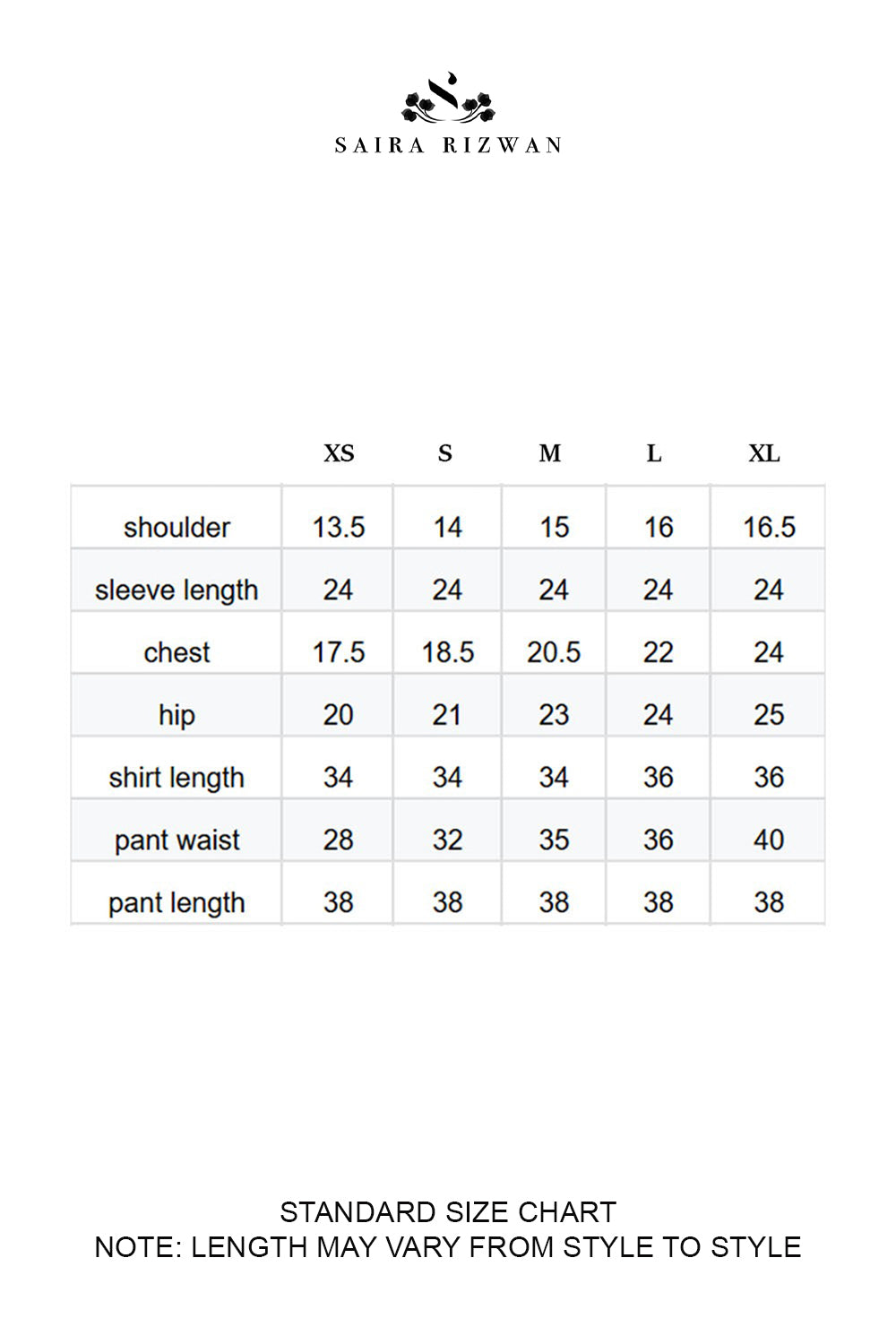 Size Chart for Silk Pret '25 - VELORA - SRSP-25-01