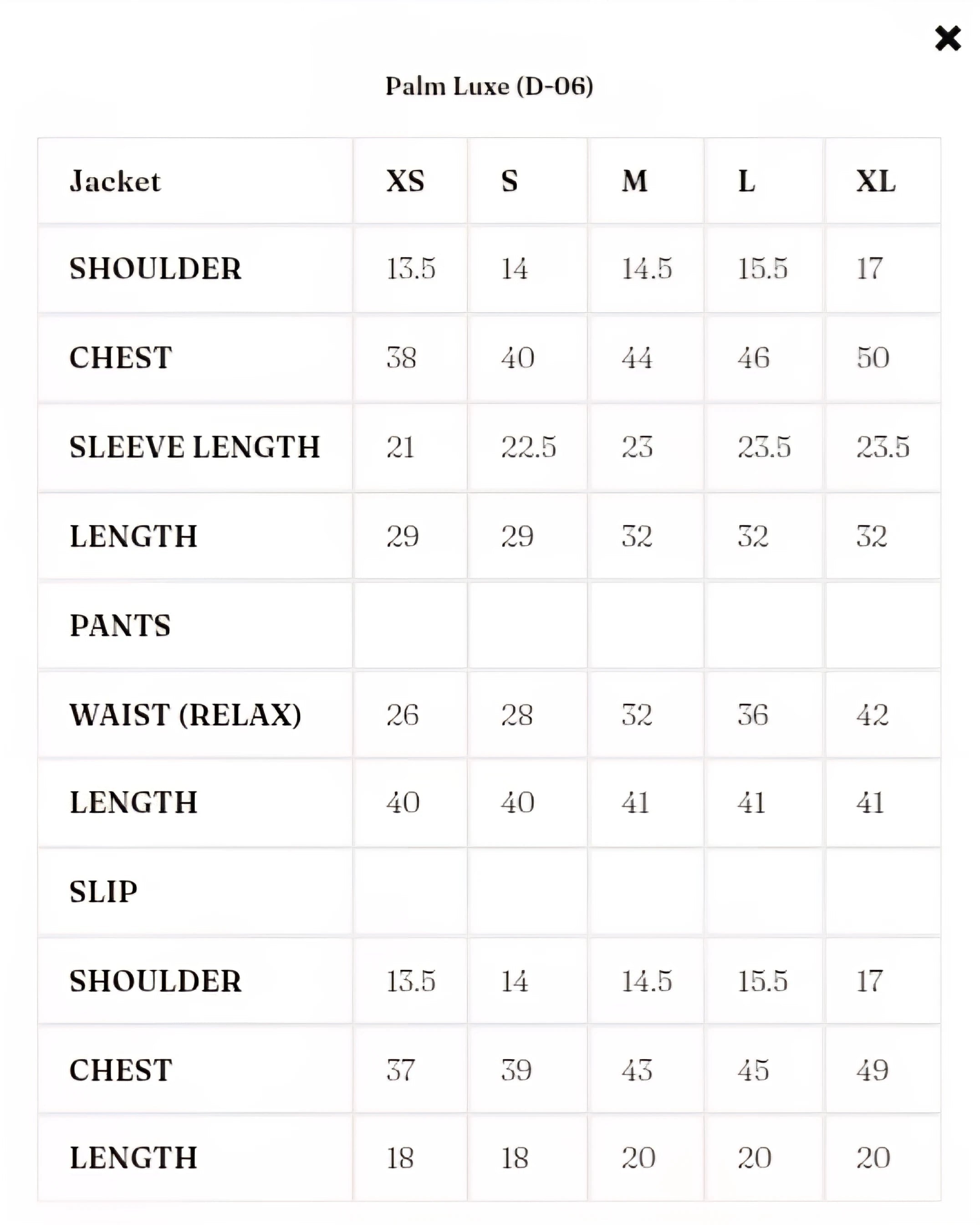 Size Chart for Solenne '25 - Palm Luxe (D-06)