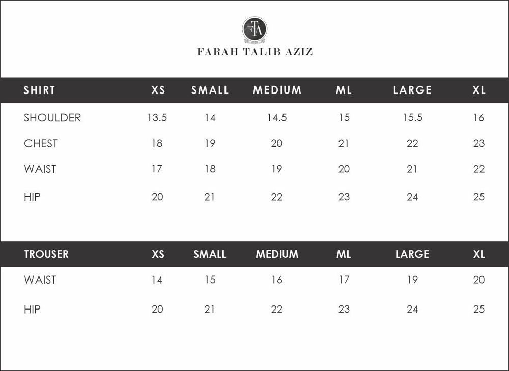 Size Chart for Mayna Festive Prints '25 - Juni Aqua Shirt And Dupatta