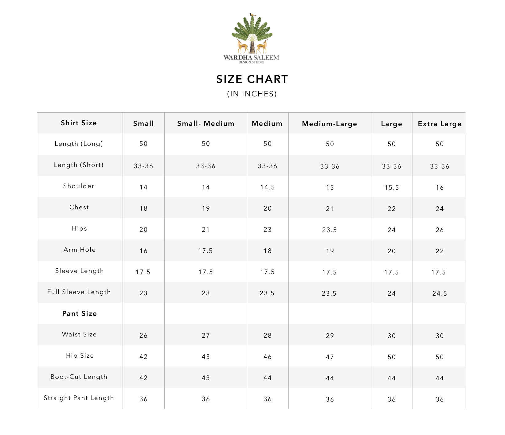 Size Chart for Velvet Luxe Edition F/W '25 - Nuha