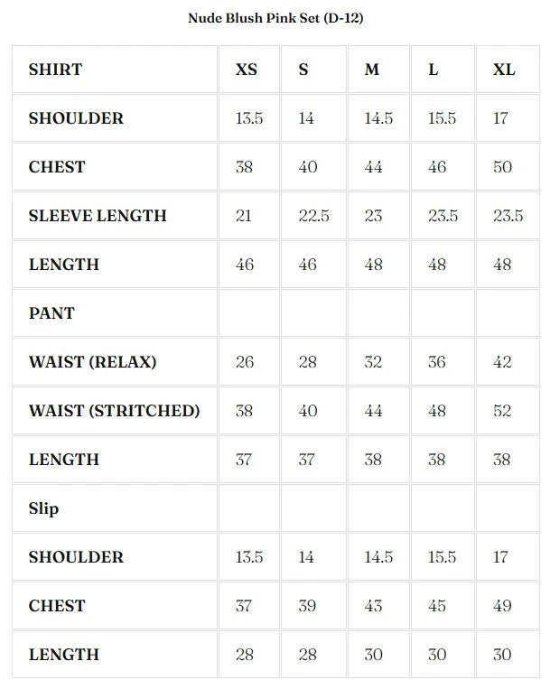 Size Chart for Nurae '26 - Nude Blush Pink Set (D-12)