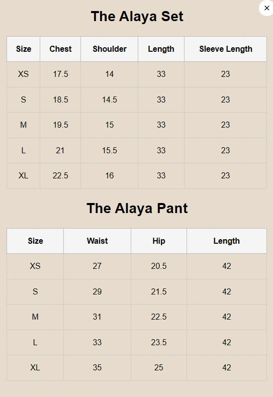 Size Chart for Fall Luxe '25 - The Alaya Set