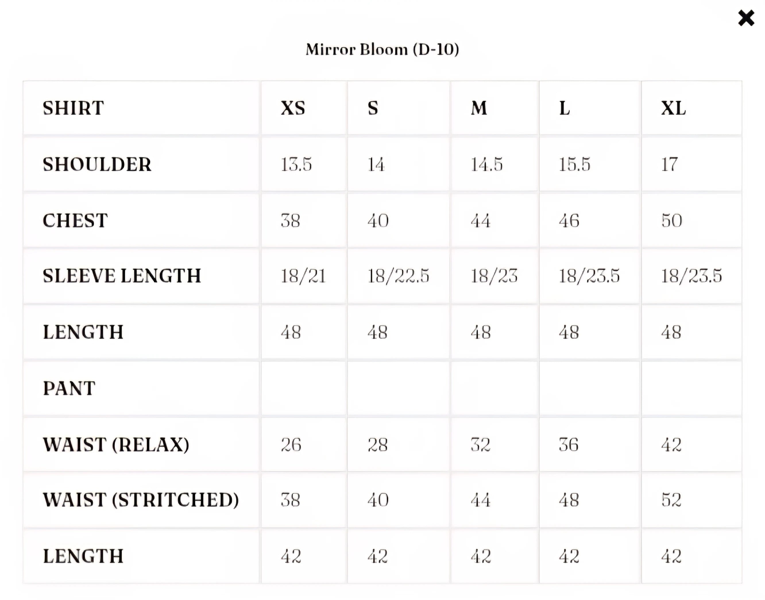 Size Chart for Solenne '25 - Mirror Bloom (D-10)