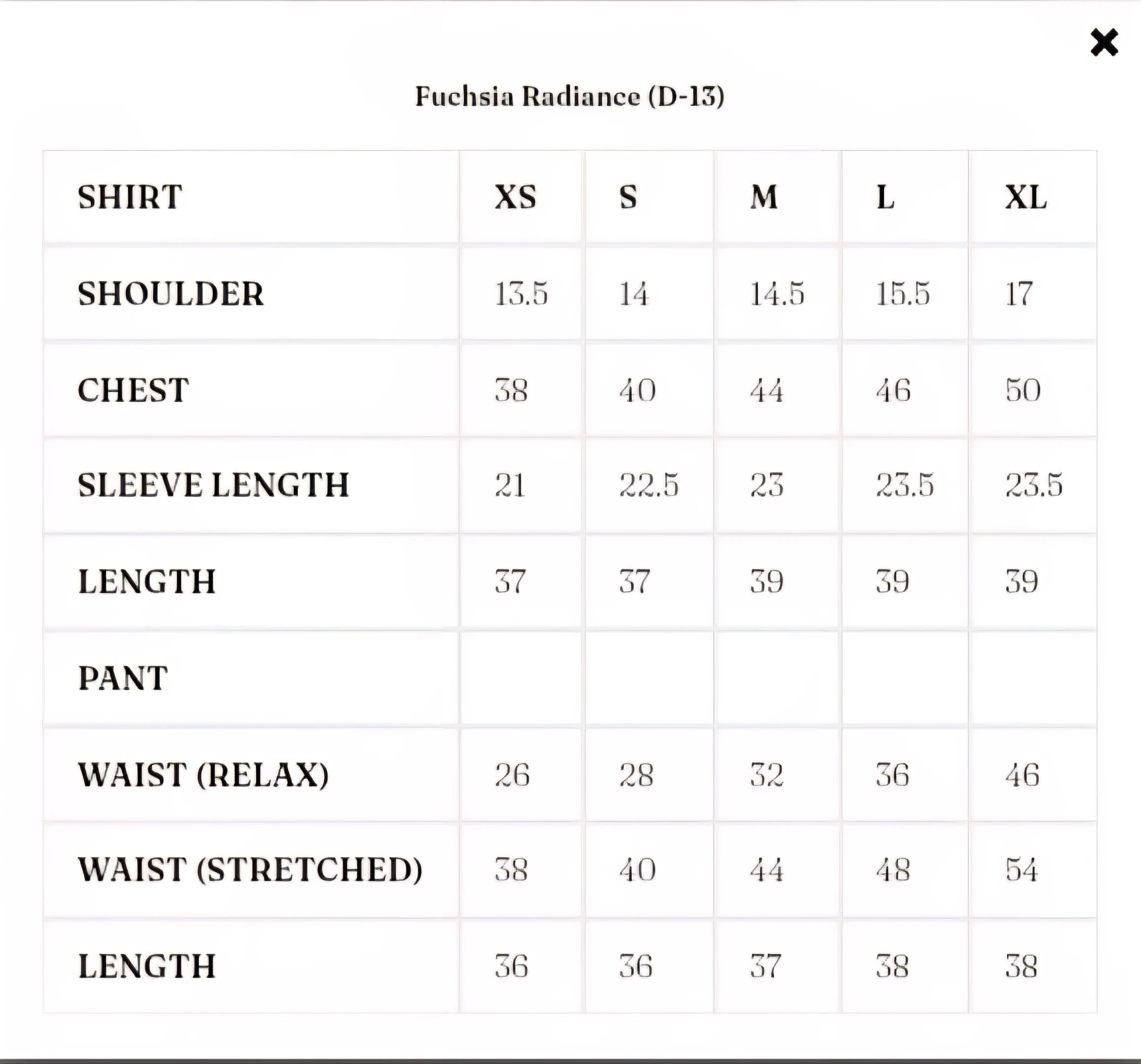 Size Chart for Solenne '25 - Fuchsia Radiance (D-13)
