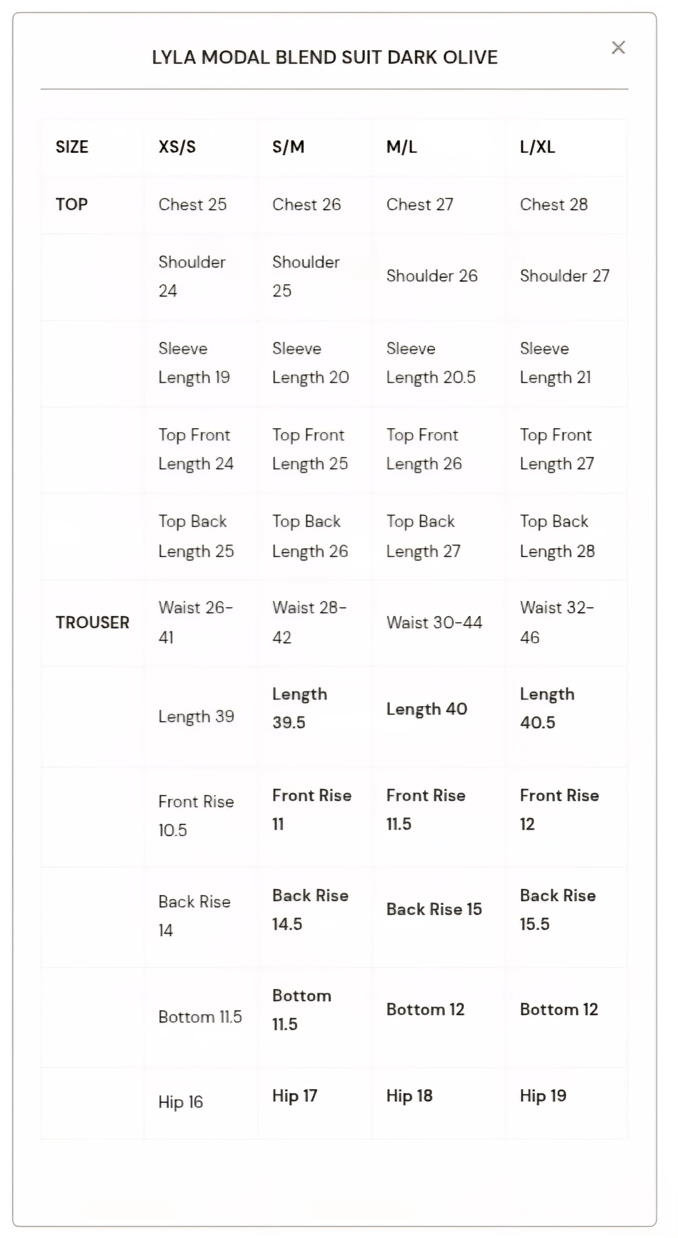 Size Chart for New In '25 - Lyla Modal Blend Suit Dark Olive