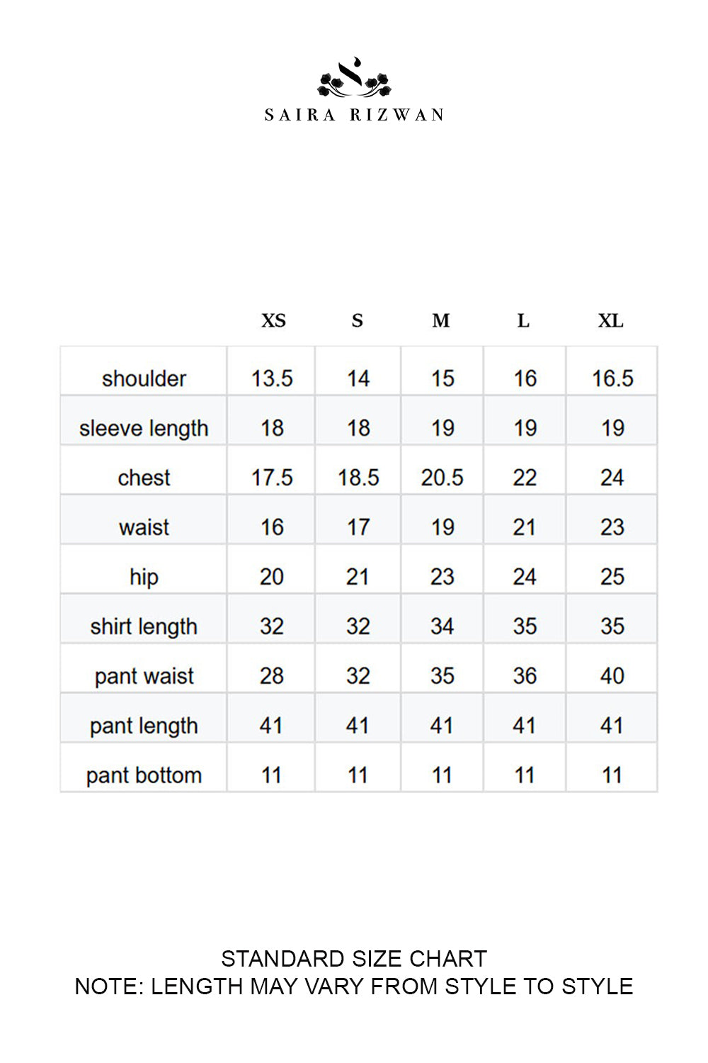Size Chart for Silk Pret '25 - ANERA - SRSP-25-02