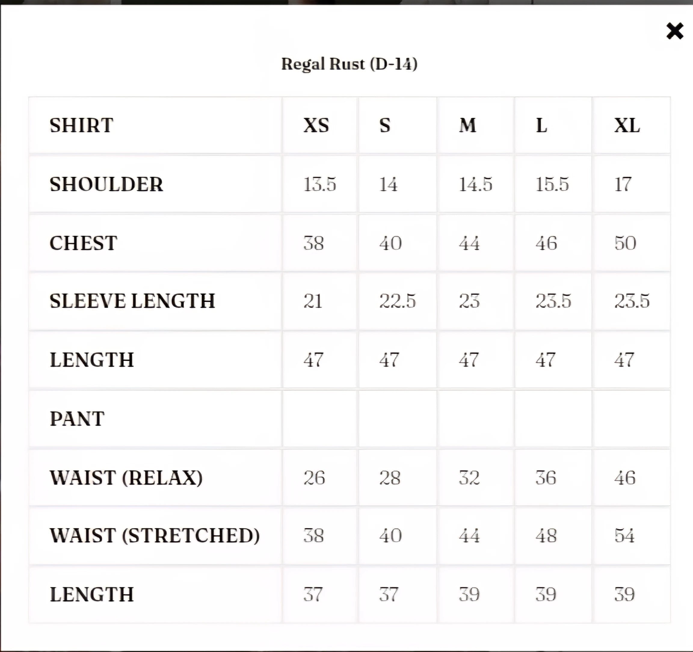Size Chart for Solenne '25 - Regal Rust (D-14)