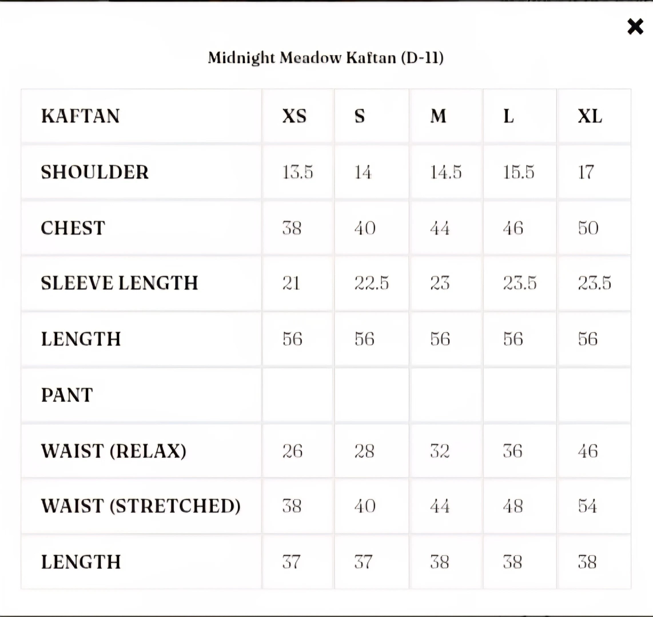 Size Chart for Solenne '25 - Midnight Meadow Kaftan (D-11)