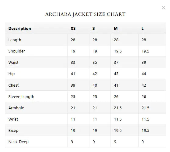 Size Chart for Spring Summer '26 - Archara