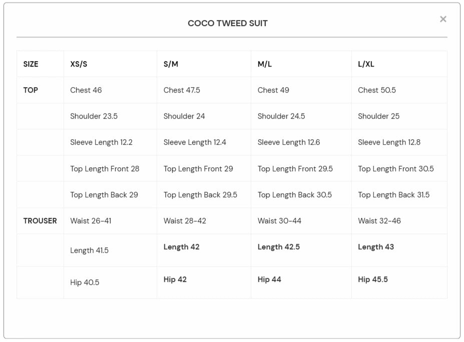 Size Chart for New In '25 - Coco Tweed Suit