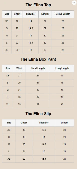 Size Chart for Fall Luxe '25 - The Elina Set