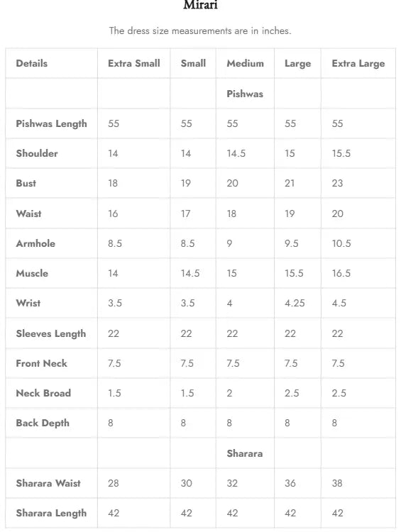 Size Chart for Reina '25 - Mirari