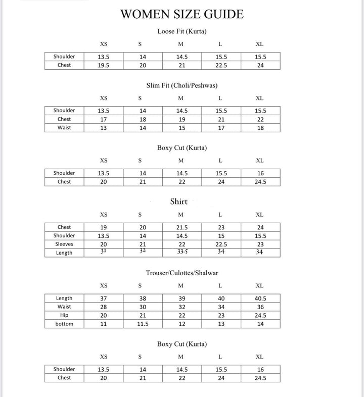 Size Chart for Seashell
