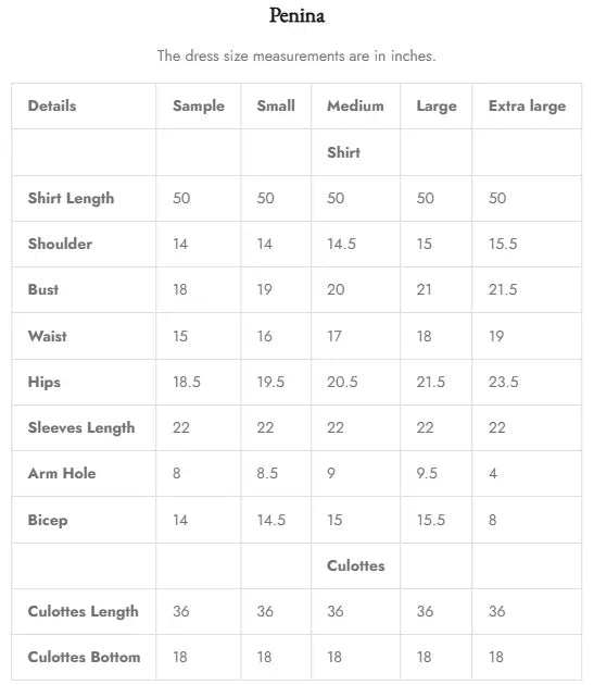 Size Chart for Reina '25 - Penina