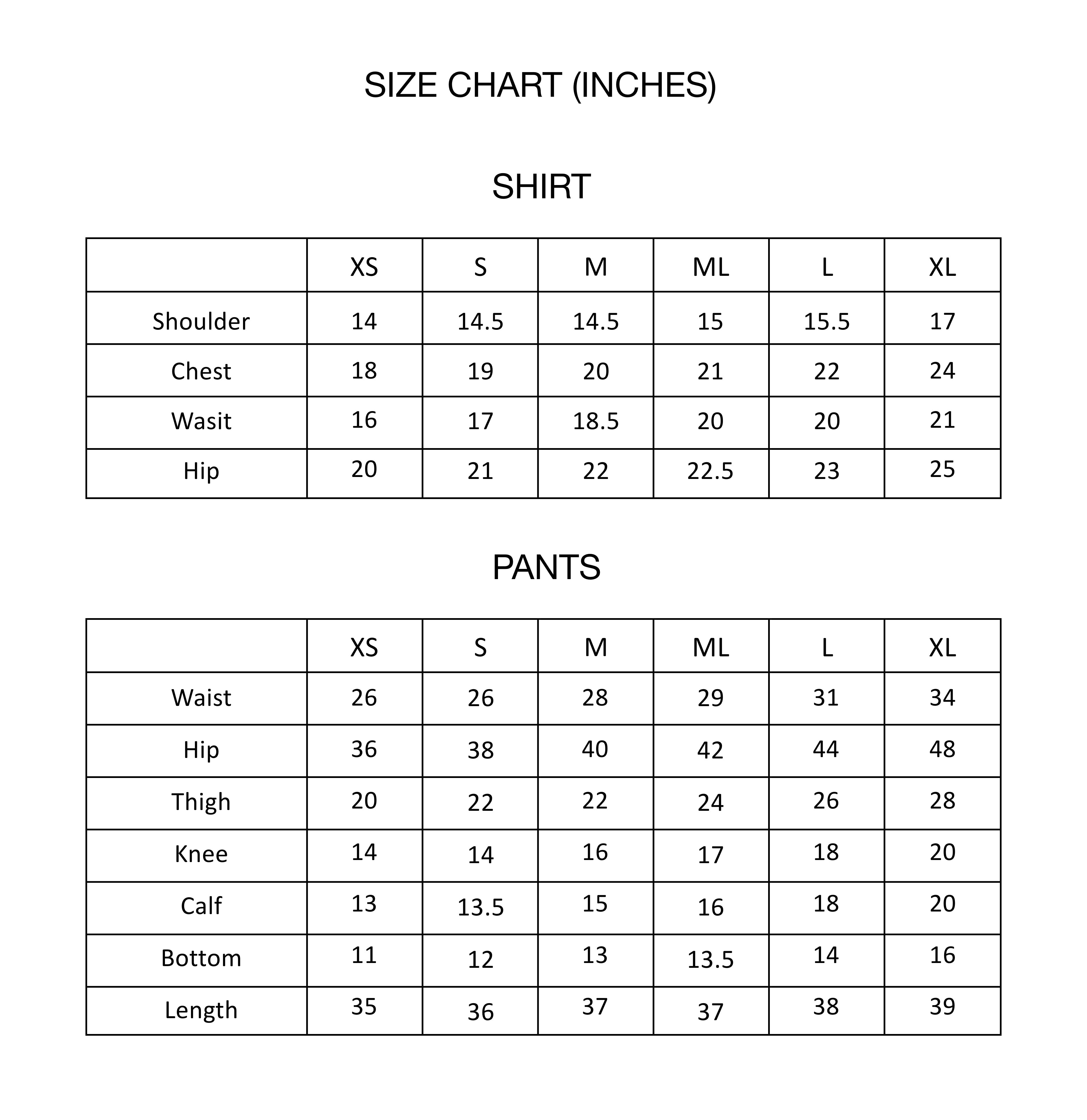 Size Chart for Capsule Collection '25 - Butterfly