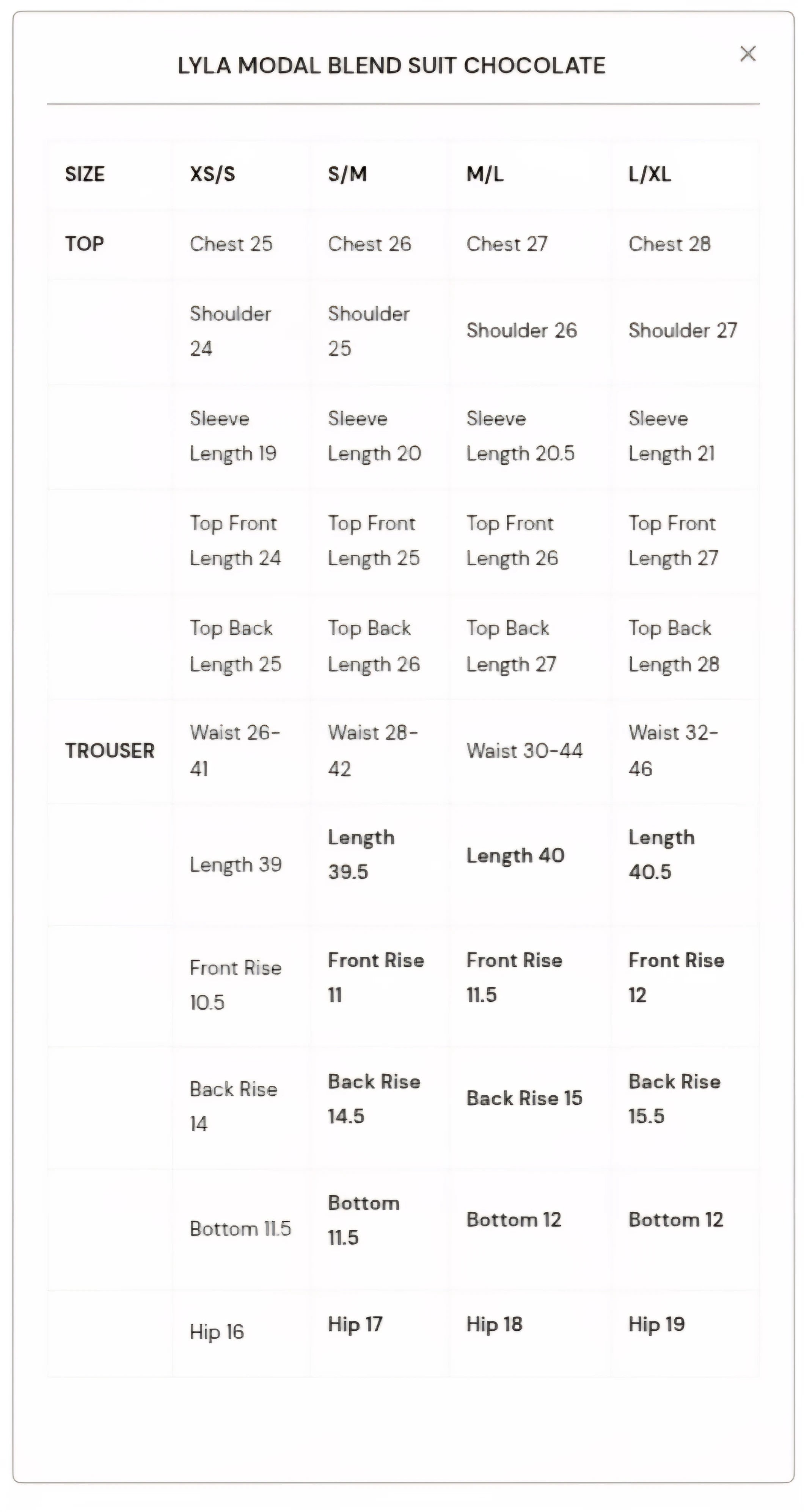 Size Chart for New In '25 - Lyla Modal Blend Suit Dark Olive