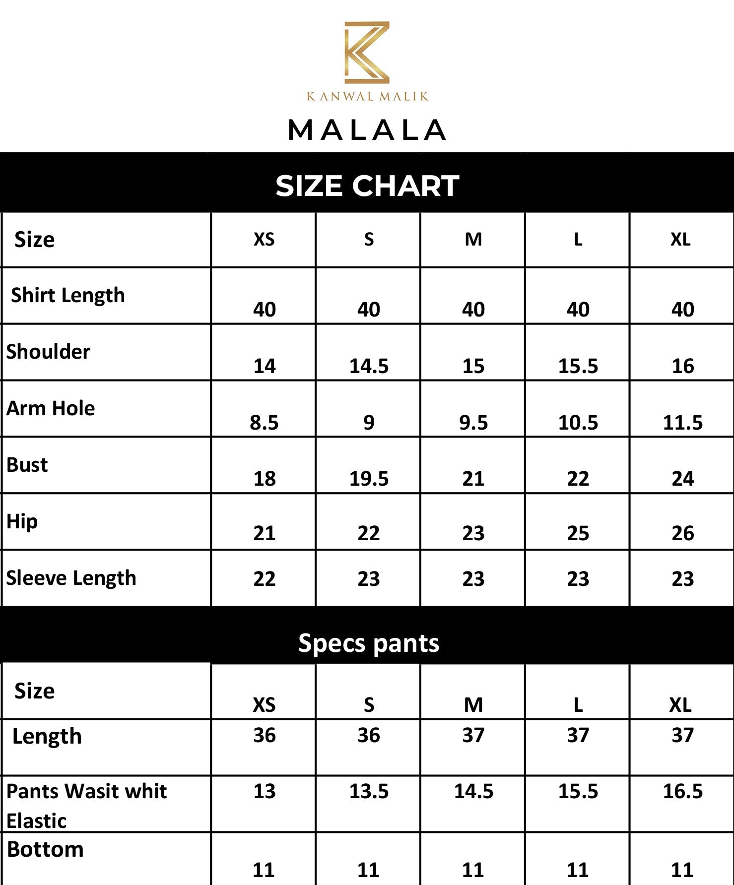 Size Chart for Malala