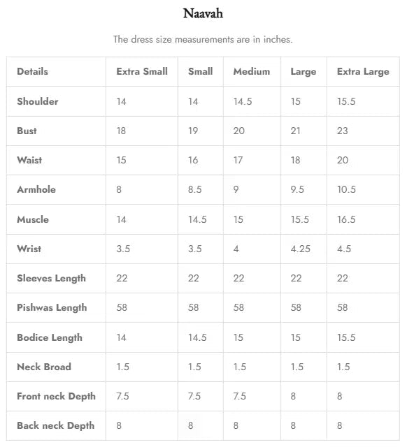 Size Chart for Reina '25 - Naavah