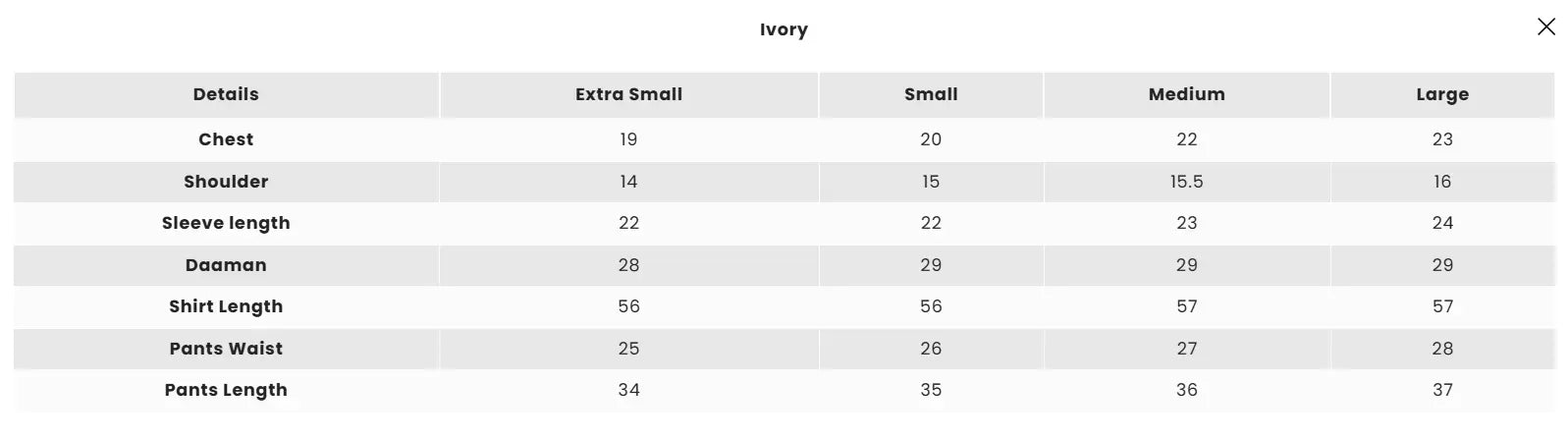 Size Chart for Ramzan Eid 2026 - Aiyana