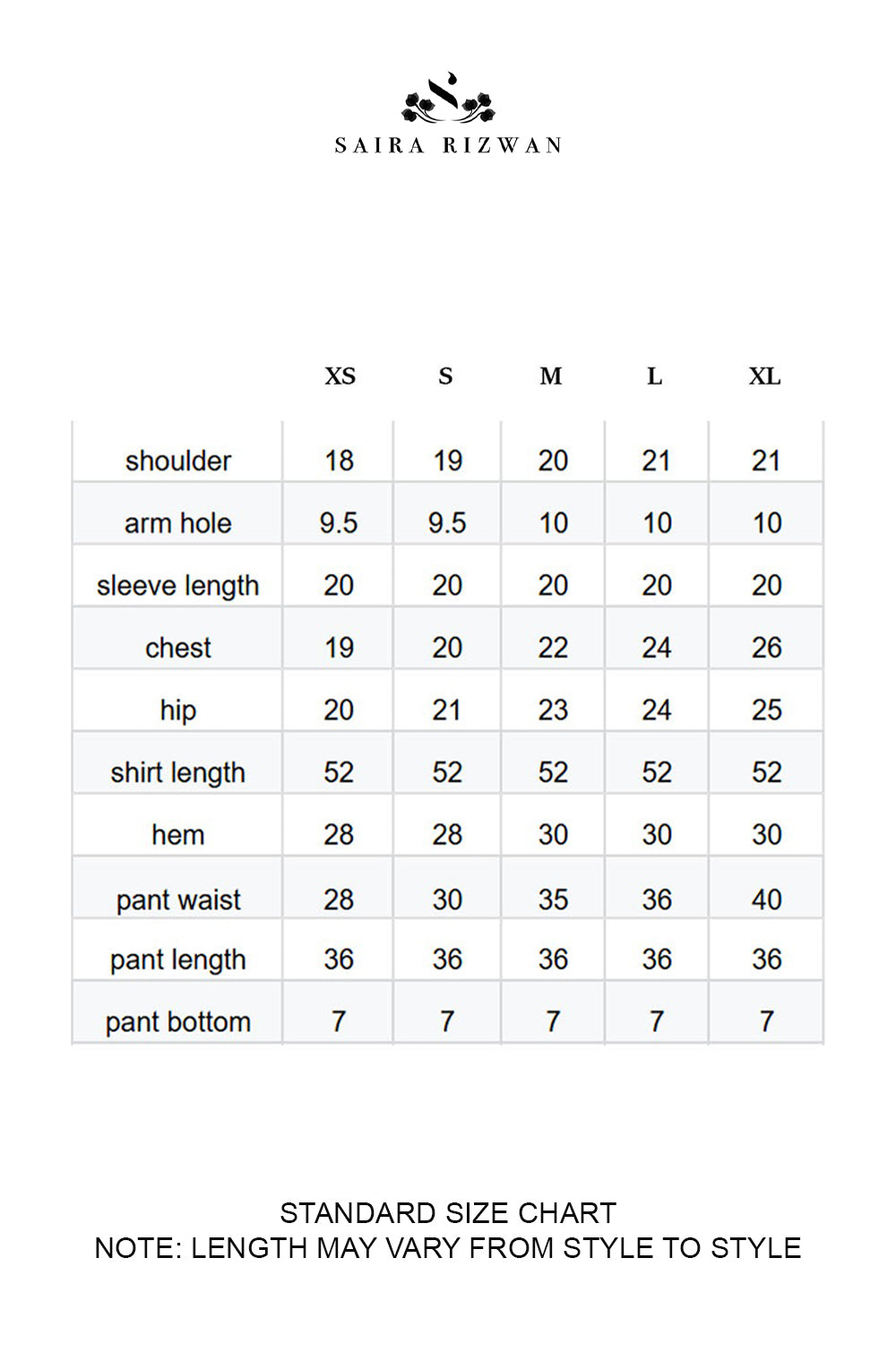 Size Chart for Silk Pret '25 - SAHARA - SRSP-25-05
