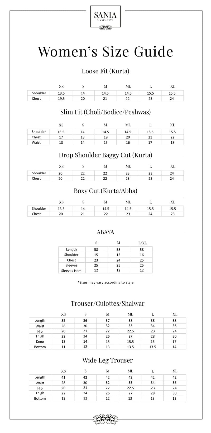 Size Chart for The Winter Edit - Evening Wear '25 - Enid (A)