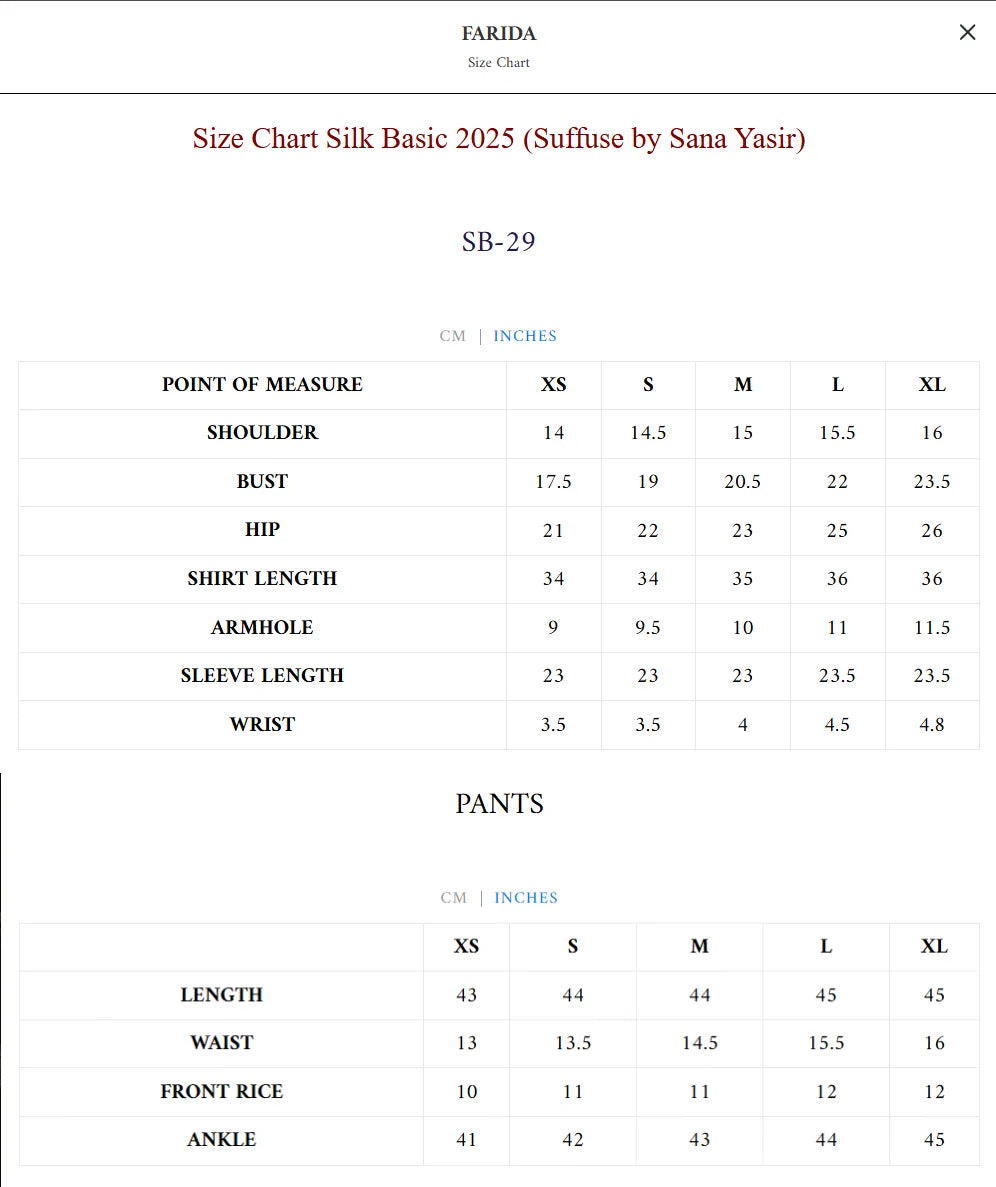 Size Chart for Silk Pret Fall '25 - Farida