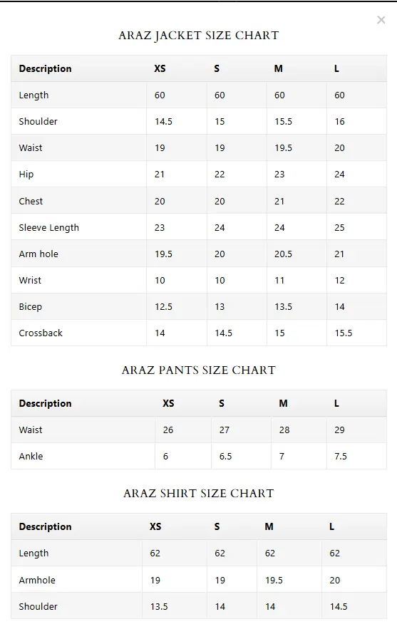 Size Chart for Spring Summer '26 - Araz
