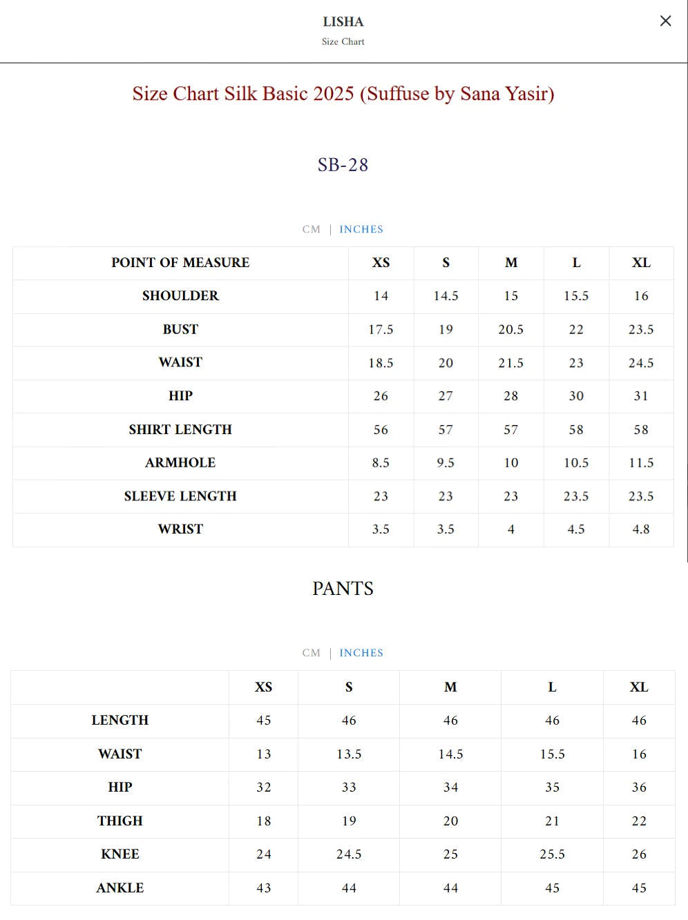 Size Chart for Silk Pret Fall '25 - Lisha
