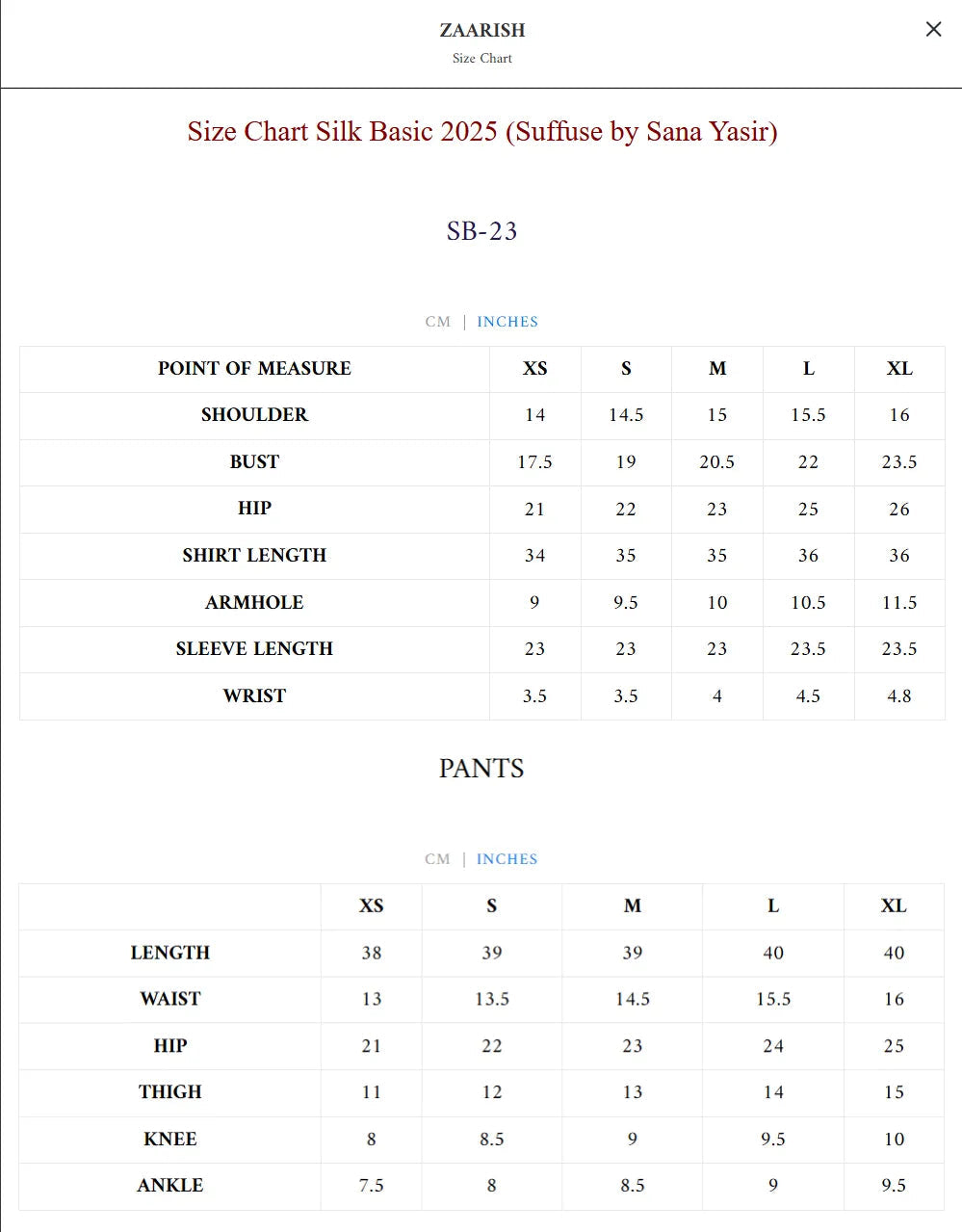 Size Chart for Silk Pret Fall '25 - Zaarish