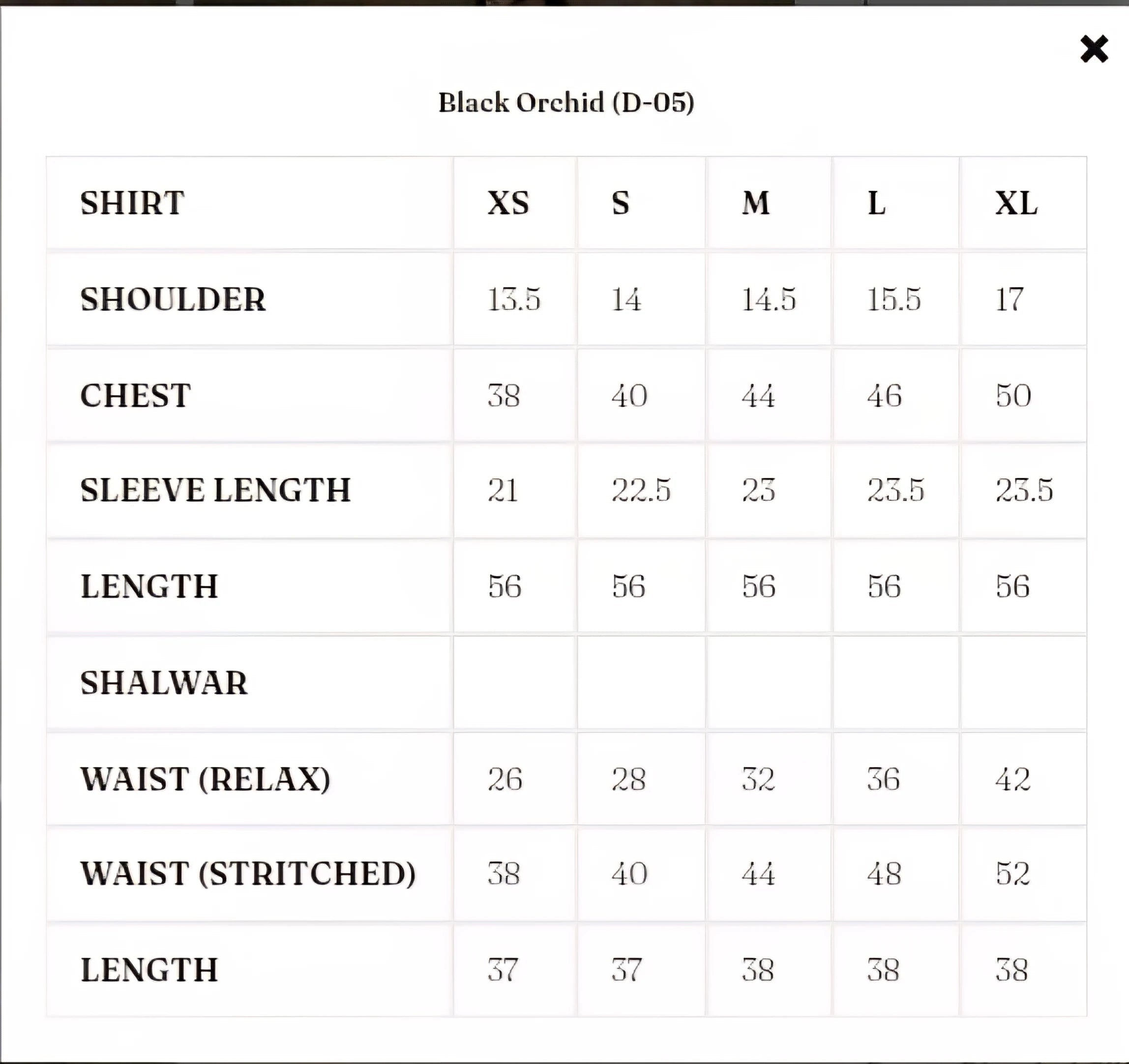 Size Chart for Solenne '25 - Black Orchid (D-05)