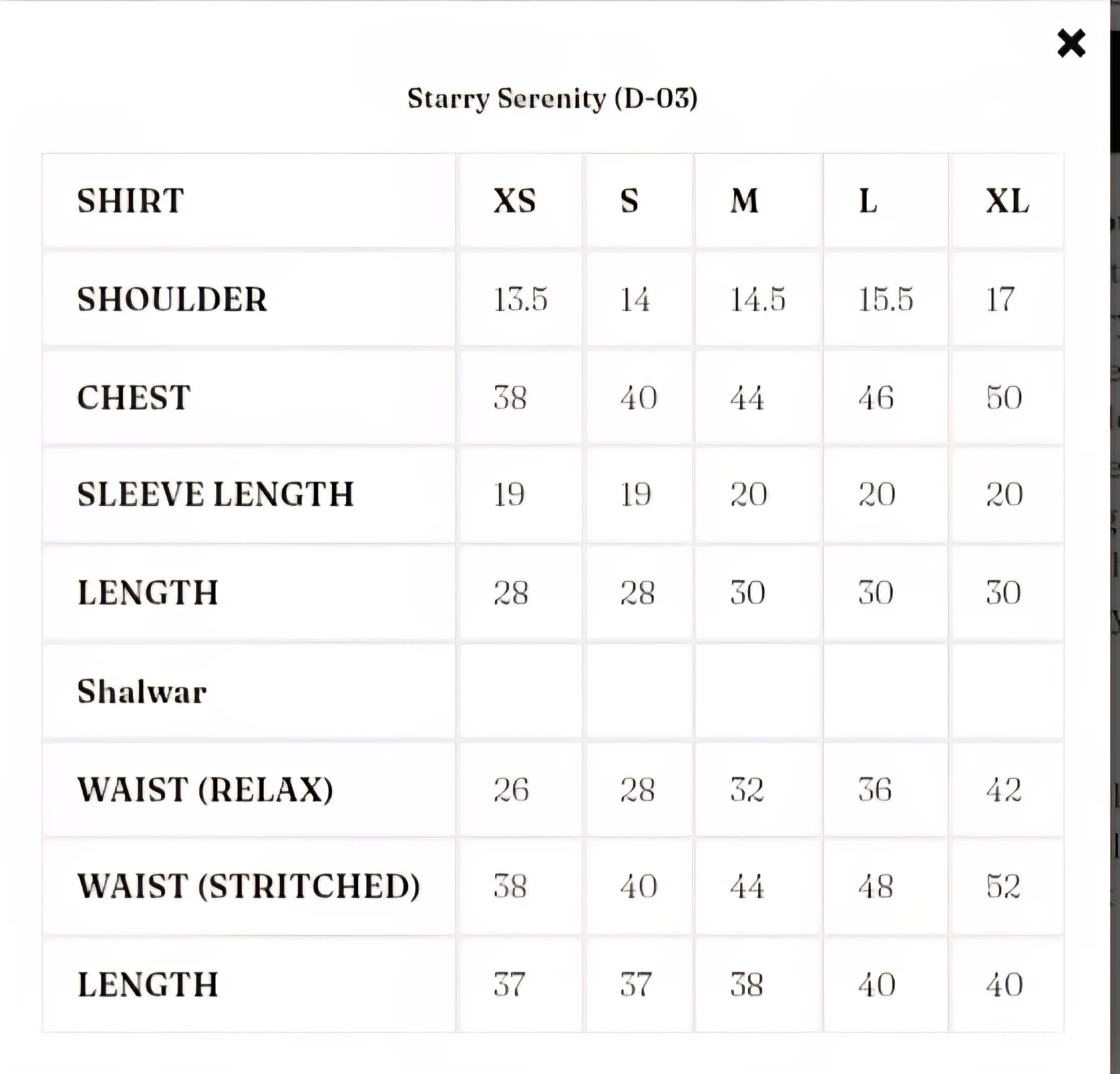 Size Chart for Solenne '25 - Starry Serenity (D-03)