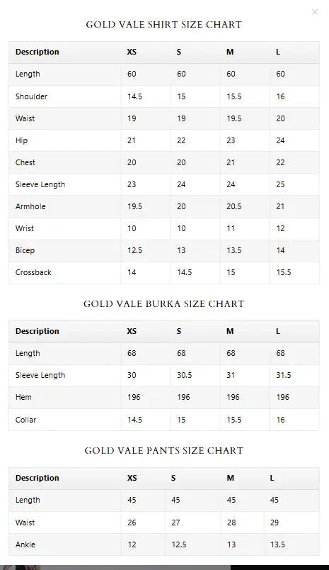 Size Chart for Spring Summer '26 - Gold Vale