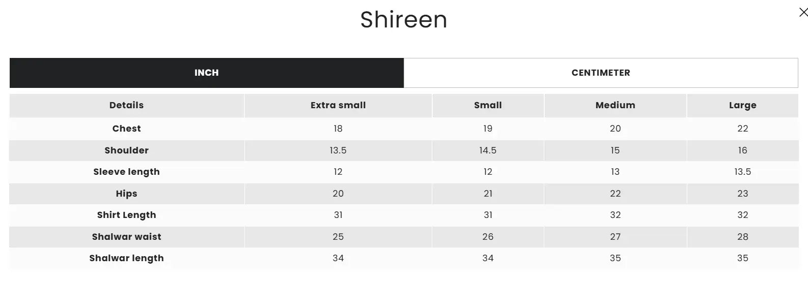 Size Chart for Ramzan Eid 2026 - Shireen