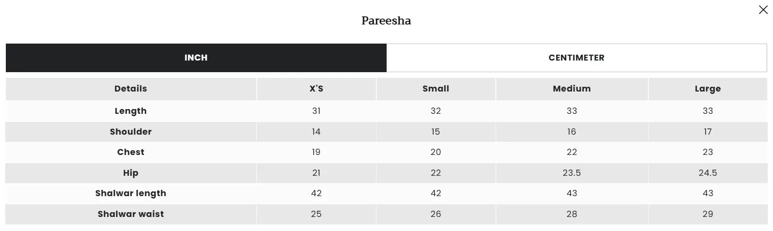 Size Chart for Ramzan Eid 2026 - Pareesha