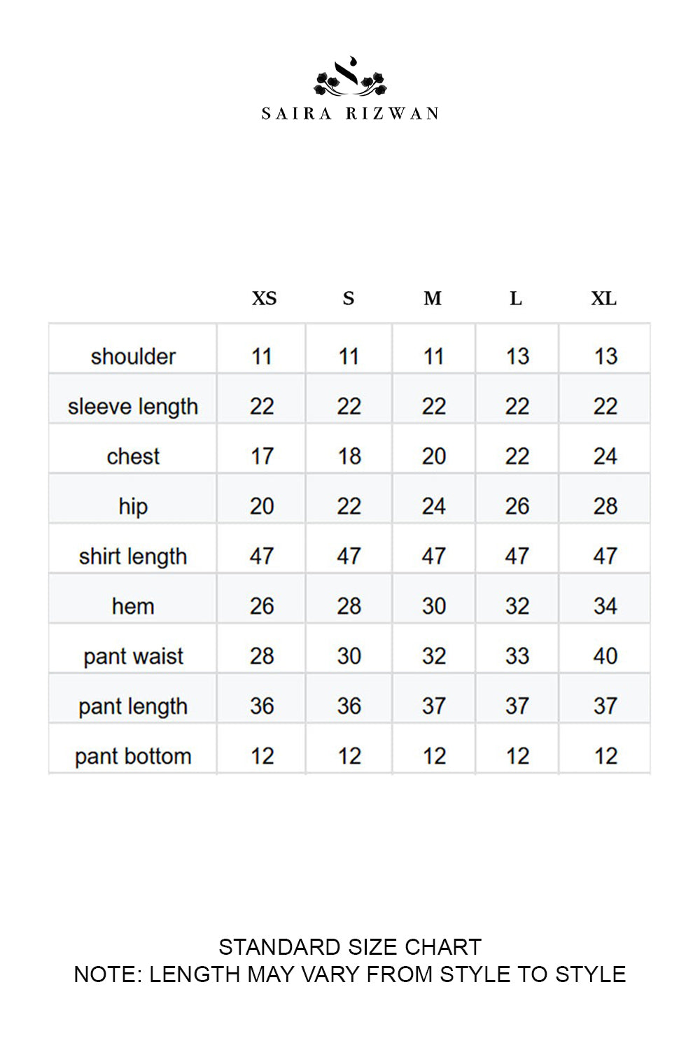 Size Chart for Silk Pret '25 - NOORE - SRSP-25-11