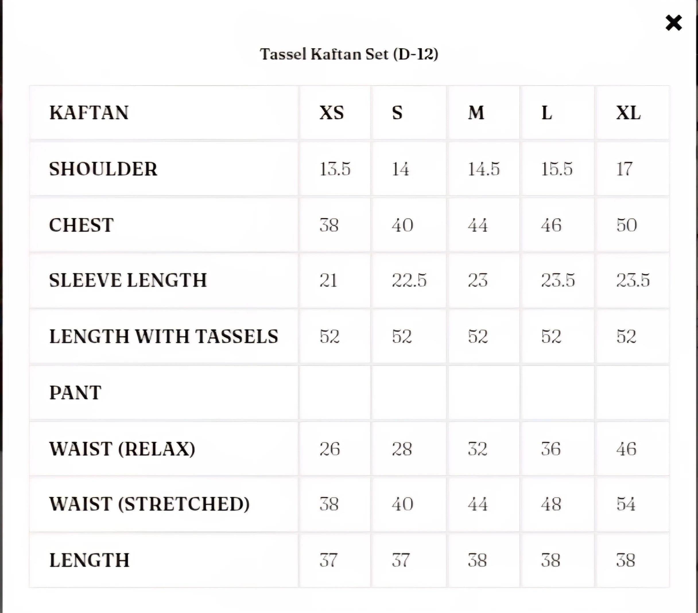 Size Chart for Solenne '25 - Tassel Kaftan Set (D-12)