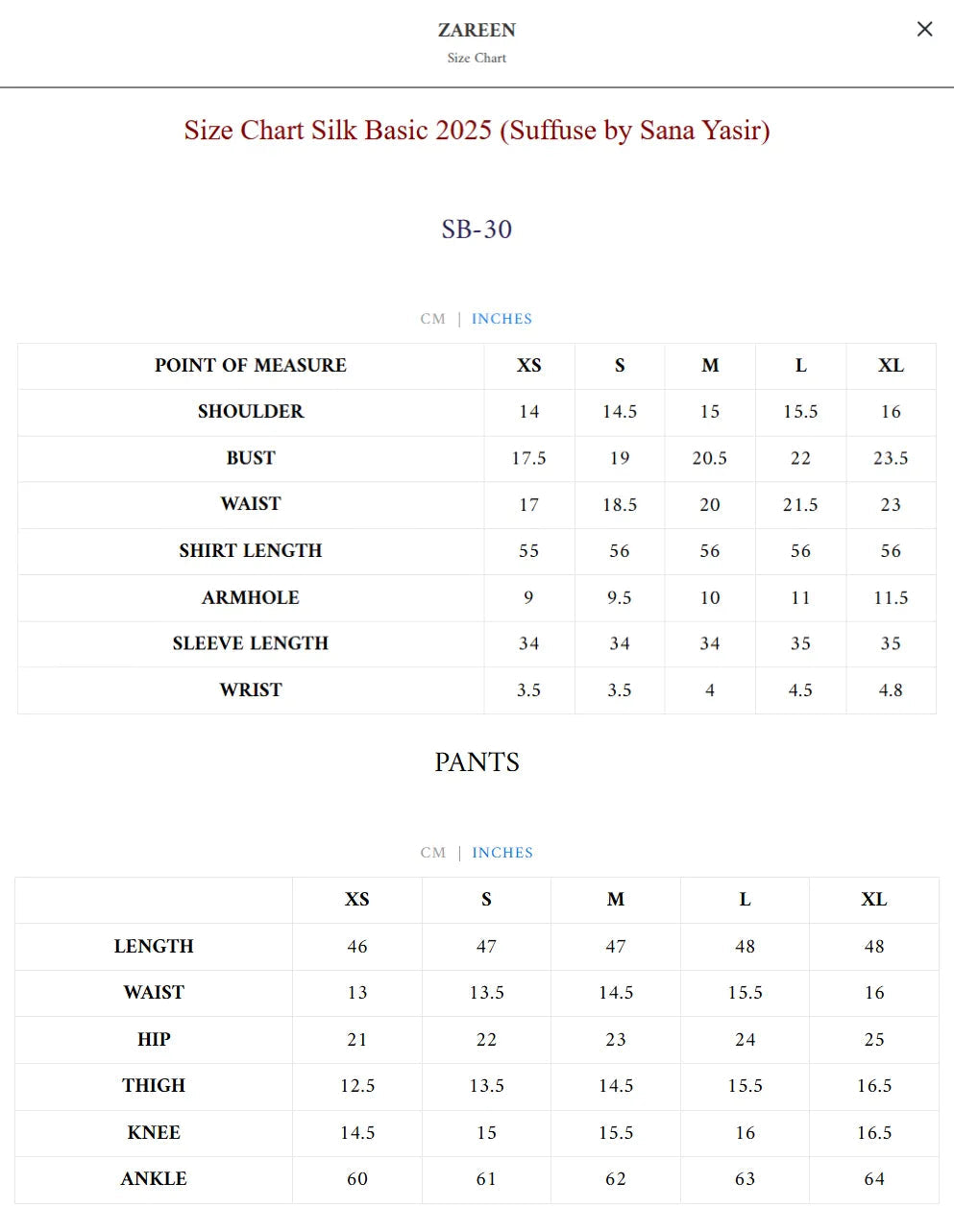 Size Chart for Silk Pret Fall '25 - Zareen