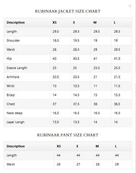 Size Chart for Spring Summer '26 - Rubinaar