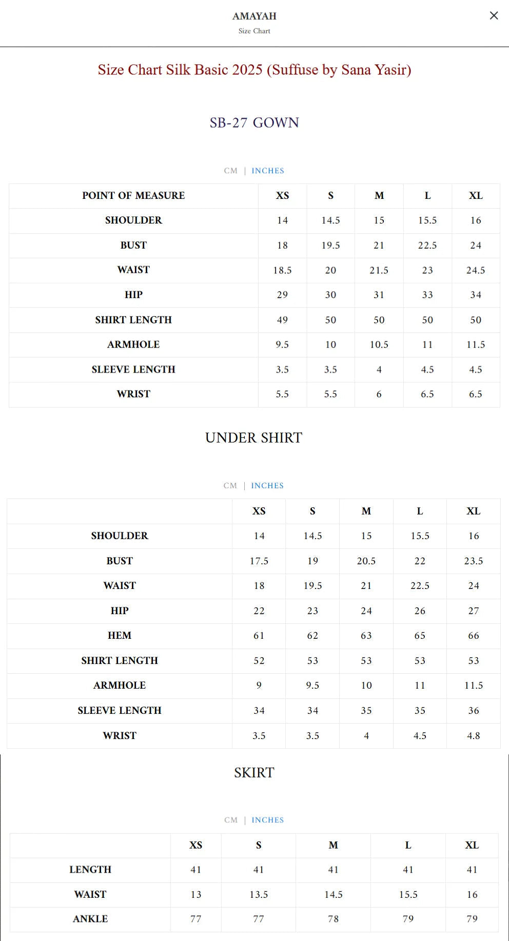 Size Chart for Silk Pret Fall '25 - Amayah