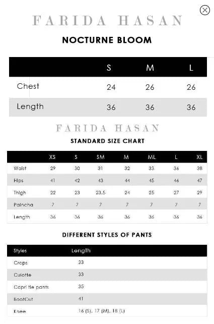 Size Chart for Velvet Eclipse '25 - Moonlit Shirt And Pants
