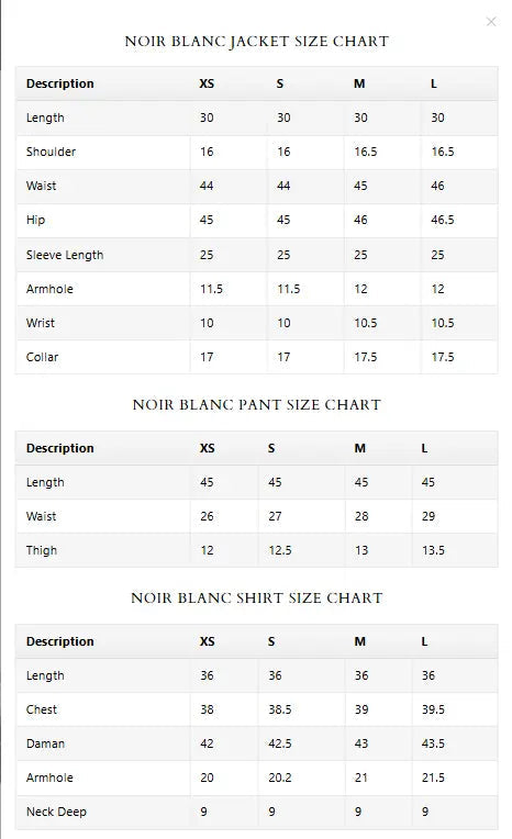 Size Chart for Spring Summer '26 - Noir Blanc