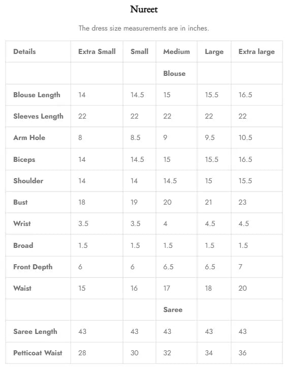 Size Chart for Reina '25 - Nureet